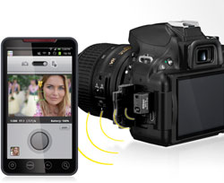 photo of D5200 and smartphone with WU-1a and wireless utility app