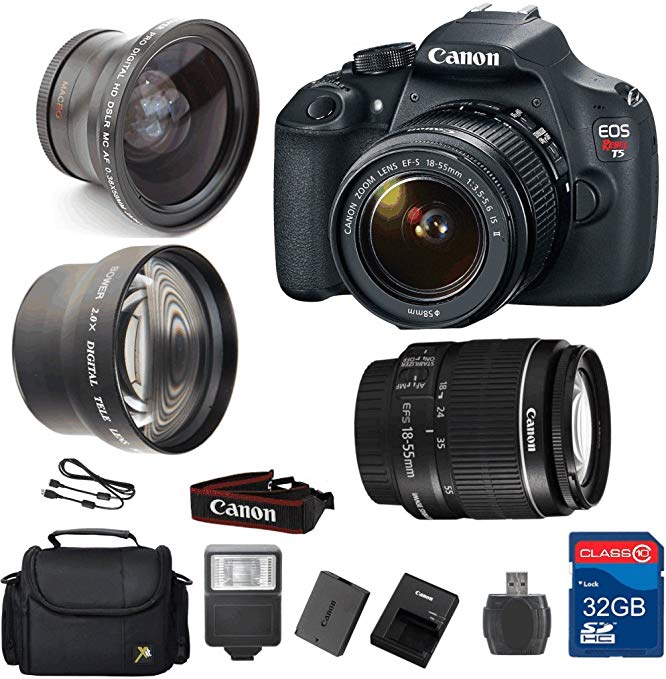 Value Bundle for T5 DSLR Camera + 18-55 IS II Lens + Wide Angle Lens +Telephoto Lens + 32GB Memory + Card Reader + Flash + Camera Case