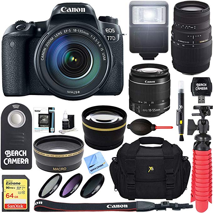 Canon EOS 77D 24.2 MP DSLR Camera with EF-S 18-135mm IS USM & Sigma 70-300mm Macro Telephoto Zoom Lens + Accessory Bundle