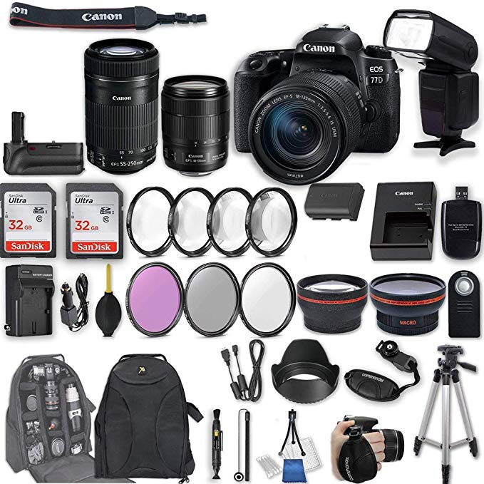 Canon EOS 77D DSLR Camera with EF-S 18-135mm f/3.5-5.6 is USM Lens + EF-S 55-250mm f/4-5.6 is STM Lens + 2Pcs 32GB Sandisk SD Memory + Universal Flash + Battery Grip + Filter & Macro Kits + More