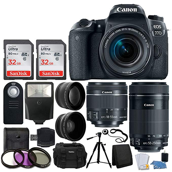 Canon EOS 77D DSLR Camera + Canon EF-S 18-55mm f/4-5.6 IS STM Lens + Canon EF-S 55-250mm f/4-5.6 IS STM Lens + Wide Angle & Telephoto Lens + 64GB Memory Card + Wireless Remote + Value Accessory Bundle