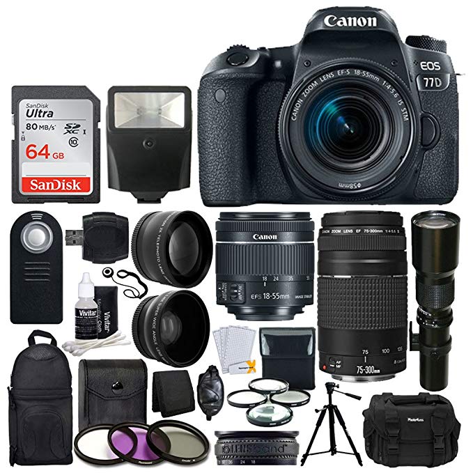 Canon EOS 77D DSLR Camera + Canon EF-S 18-55mm IS STM Lens + Canon EF 75-300mm III Lens + Wide Angle & Telephoto Lens + 64GB Memory Card + Telephoto 500mm f/8.0 (Long) + Wireless Remote + Accessories
