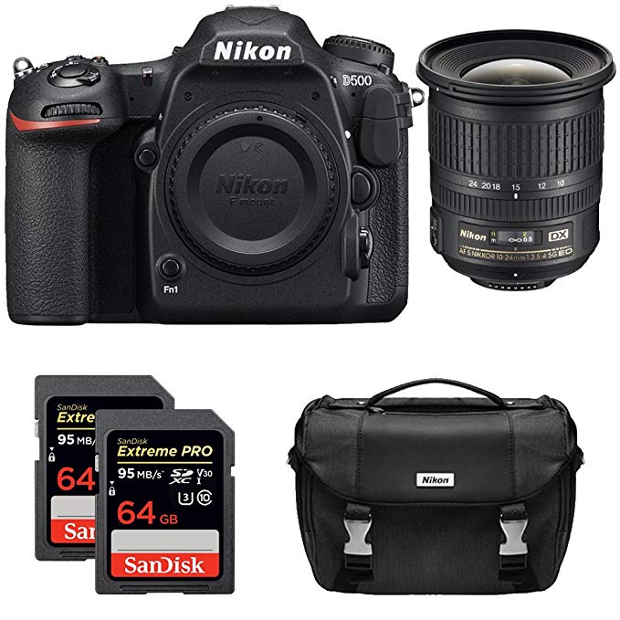 Nikon D500 CMOS DX DSLR Camera w/ 4K Video (Body) + NIKKOR 10-24mm f/3.5-4.5G ED Lens + 2x Lexar 64GB Professional 1000x SDHC/SDXC Class 10 Memory Card + Deluxe DSLR Camera Bag