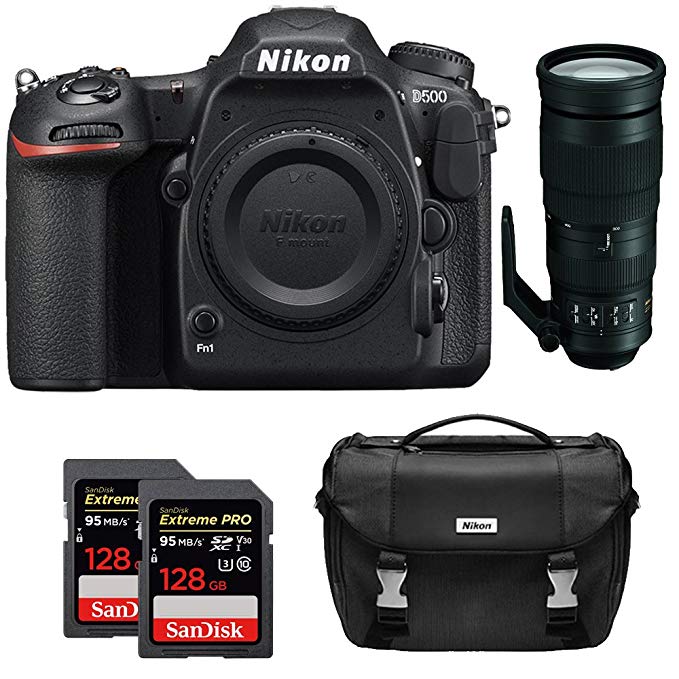 Nikon D500 CMOS DX DSLR Camera w/ 4K Video (Body) + 200-500mm f/5.6E ED VR AF-S NIKKOR Zoom Lens + 2x Lexar 64GB Professional 1000x SDHC/SDXC Class 10 Memory Card + Deluxe DSLR Camera Bag