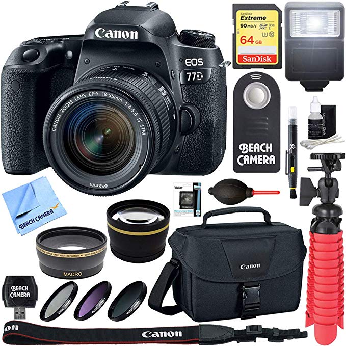 Canon EOS 77D 24.2 MP Digital SLR Camera Wi-Fi & Bluetooth with EF-S 18-55mm IS STM Lens + 64GB Extreme SDXC Memory UHS-I Card + Accessory Bundle
