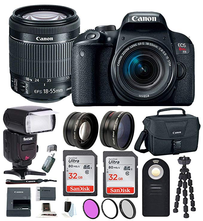 Canon EOS Rebel T7i Digital SLR w/18-55mm Lens + Bounce Swivel Zoom TTL Flash + 64GB SDHC Memory + 58mm Wide Angle & Telephoto Lenses + Wireless Remote Control + DSLR Bag + Advanced Accessory Bundle