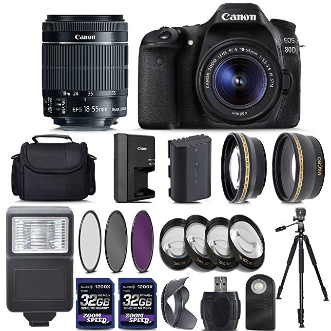 Canon EOS 80D Digital SLR Camera + 18-55mm IS STM Lens + 2 X 32GB + Telephoto + Wide-Angle Lens + 4PC Macro Kit + 3PC Filter Kit + Flash + Case + Tripod - International Version (No Warranty)