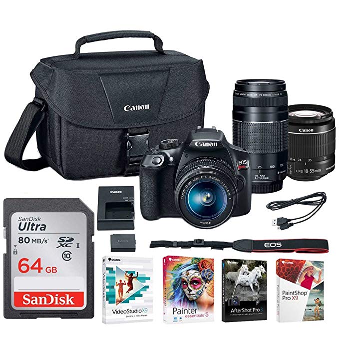 Canon EOS Rebel T6 DSLR Camera with 18-55mm and 75-300mm Lenses and Bag + 64GB Memory Card and Software Bundle