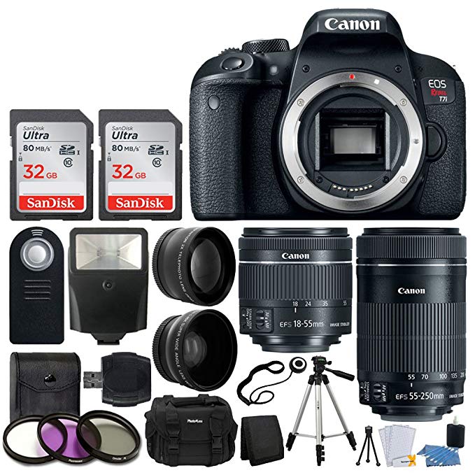 Canon EOS Rebel T7i Digital SLR Camera + EF-S 18-55mm is STM Lens + EF-S 55-250mm is STM Lens + Wide Angle Lens & 2X Telephoto Lens + 64GB Memory Card + Quality Tripod - Complete Accessory Bundle