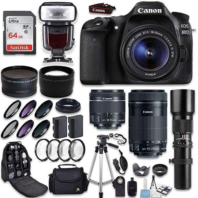 Canon EOS 80D DSLR Camera + Canon EF-S 18-55mm + Canon EF-S 55-250mm Lens & Telephoto 500mm f/8.0 + 0.43 Wide Angle Lens + 2.2 Telephoto Lens + Macro Filter Kit + 64GB Memory Card + Accessory Bundle