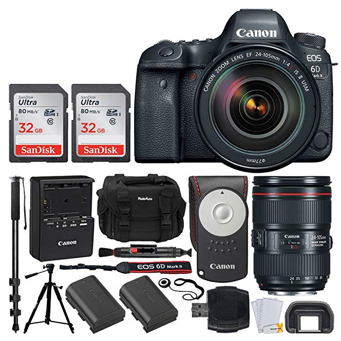 Canon EOS 6D Mark II DSLR Full Frame Camera + EF 24-105mm f/4L IS II USM Lens + Canon Battery LP-E6N + Canon RC-6 Wireless Remote + Vivitar Gadget Bag + 72