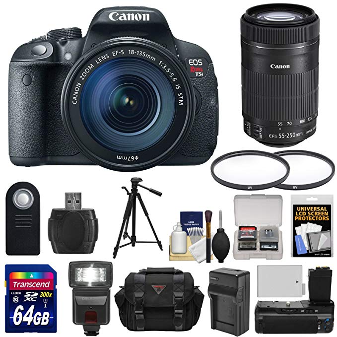 Canon EOS Rebel T5i Digital SLR Camera & EF-S 18-135mm & 55-250mm IS STM Lens with 64GB Card + Battery/Charger + Case + Flash + Grip + Filters Kit