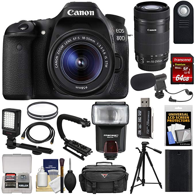 Canon EOS 80D Wi-Fi Digital SLR Camera & 18-55mm IS STM + 55-250mm IS STM Lens + 64GB + Battery + Case + Tripod + Flash + LED + Mic + Stabilizer Kit