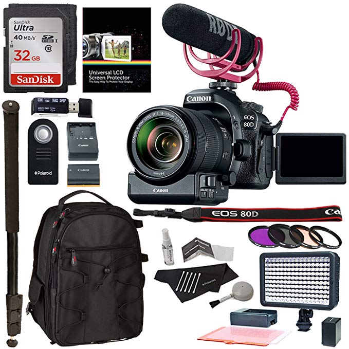 Canon EOS 80D Video Creator Kit with EF-S 18-135mm is USM Lens, Rode Microphone, Power Zoom Adapter, Sandisk 32GB, LED Light Kit and Accessory Bundle