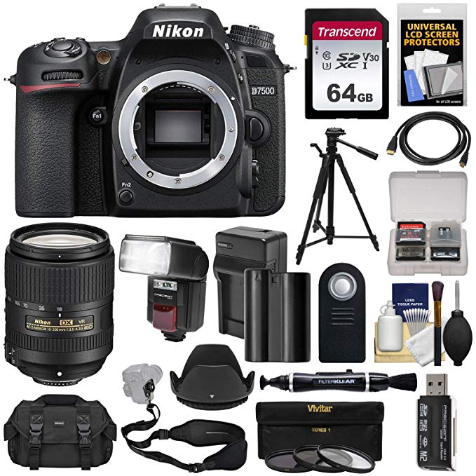 Nikon D7500 Wi-Fi 4K Digital SLR Camera Body with 18-300mm VR Lens + 64GB + Battery & Charger + Case + 3 Filters + Tripod + Flash + Kit