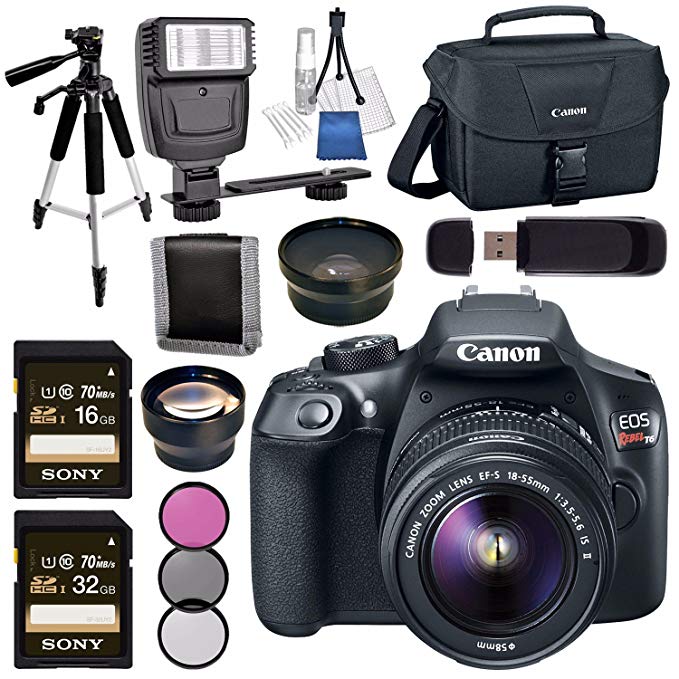Canon EOS Rebel T6 DSLR Camera with 18-55mm Lens + 58mm Wide Angle Lens + 58mm 2x Lens + Canon 100ES EOS Shoulder Bag Bundle