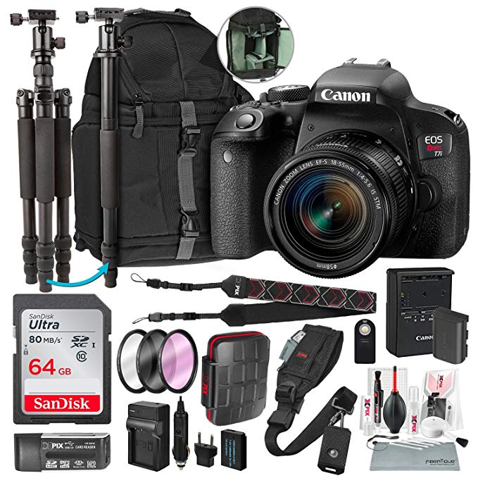 Canon EOS Rebel T7i DSLR Camera with EF-S 18-55mm f/4-5.6 IS Lens and 64GB + Tripod/Monopod + DSLR Backpack + Deluxe Premium Accessory Bundle & Travel Kit