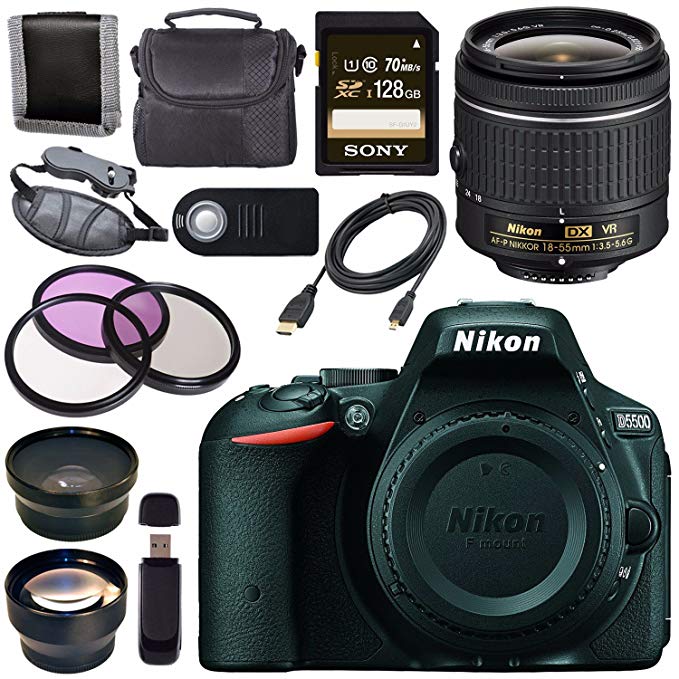 Nikon D5500 DSLR Camera with AF-P 18-55mm VR Lens (Black) + Sony 128GB SDXC Card + Carrying Case Bundle