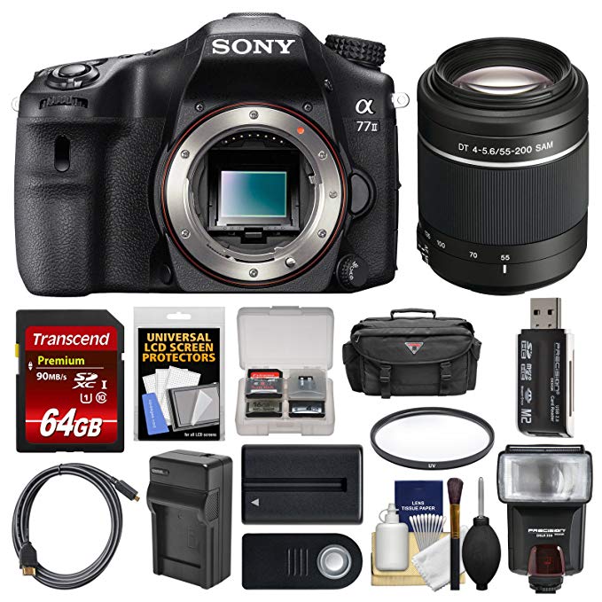 Sony Alpha A77 II Wi-Fi Digital SLR Camera Body with 55-200mm Lens + 64GB Card + Case + Flash + Battery & Charger + Kit