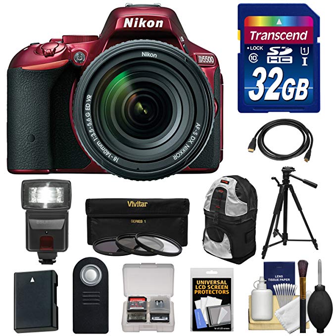 Nikon D5500 Wi-Fi Digital SLR Camera & 18-140mm VR DX AF-S Lens (Red) with 32GB Card + Backpack + Battery + Flash + Tripod + Filters + Kit