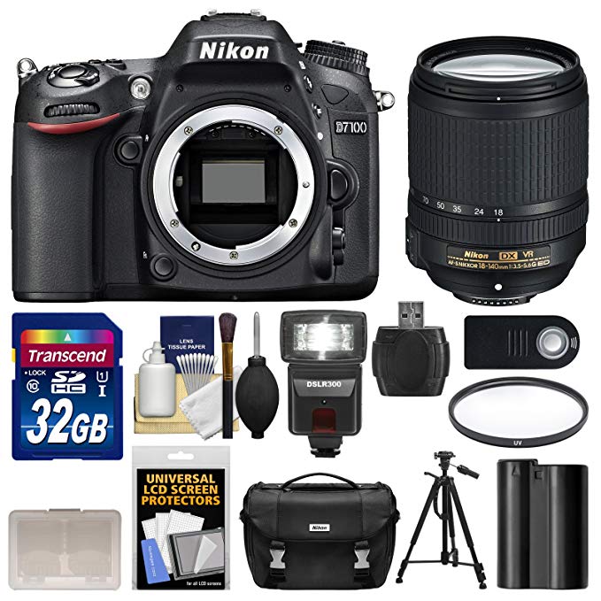 Nikon D7100 Digital SLR Camera Body with 18-140mm VR Lens + 32GB Card + Case + Flash + Battery + Filter + Tripod Kit