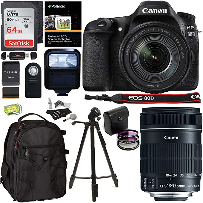 Canon EOS 80D Digital SLR Camera Kit, EF-S 18-135mm f/3.5-5.6 Image Stabilization USM Lens, Sandisk 64GB Memory Card, Flash, Filters and Accessory Bundle