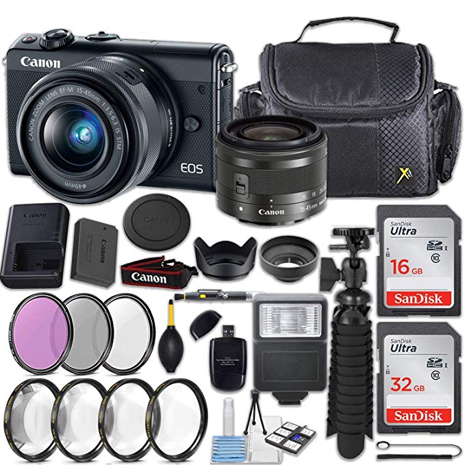 Canon EOS M100 24.2MP Mirrorless Digital Camera (Black) + EF-M 15-45mm f/3.5-6.3 is STM Lens (Graphite) + 48GB Memory + Filters & Macros + Spider Tripod + Slave Flash + Professional Accessory Kit