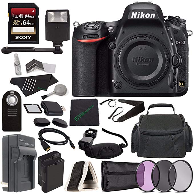 Nikon D750 DSLR Camera (Body Only) + 77mm 3 Piece Filter Set (UV, CPL, FL) + Battery + Charger + Sony 64GB SDXC Card + HDMI Cable + Remote + Memory Card Wallet + Memory Card Reader + Flash Bundle