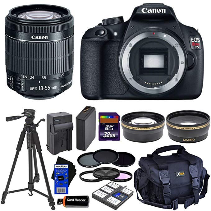 Canon EOS Rebel T5 Digital SLR Camera with EF-S 18-55mm IS II Lens (International Version) + Tele & Wide Lenses + Neutral Density Filters ND2,ND4,ND8 + 14pc 32GB Dlx Accessory Kit