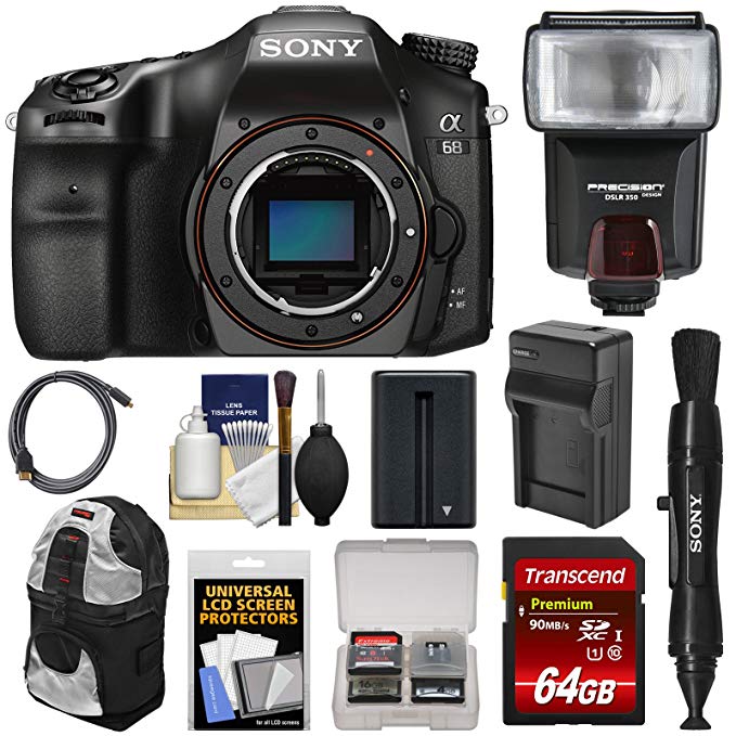 Sony Alpha A68 Digital SLR Camera Body with 64GB Card + Battery & Charger + Backpack Case + Flash + Kit