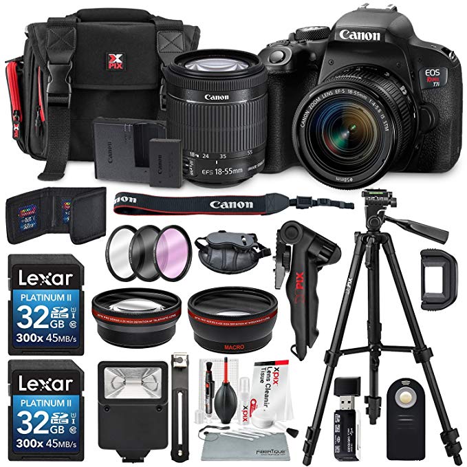 Canon EOS Rebel T7i DSLR Camera with EF-S 18-55mm f/4-5.6 IS Lens and 2 X 32GB, 58mm Telephoto & Wide-Angle Lens, Filters, Tripod, Cases, Flash, Remote, Xpix Lens Accessories