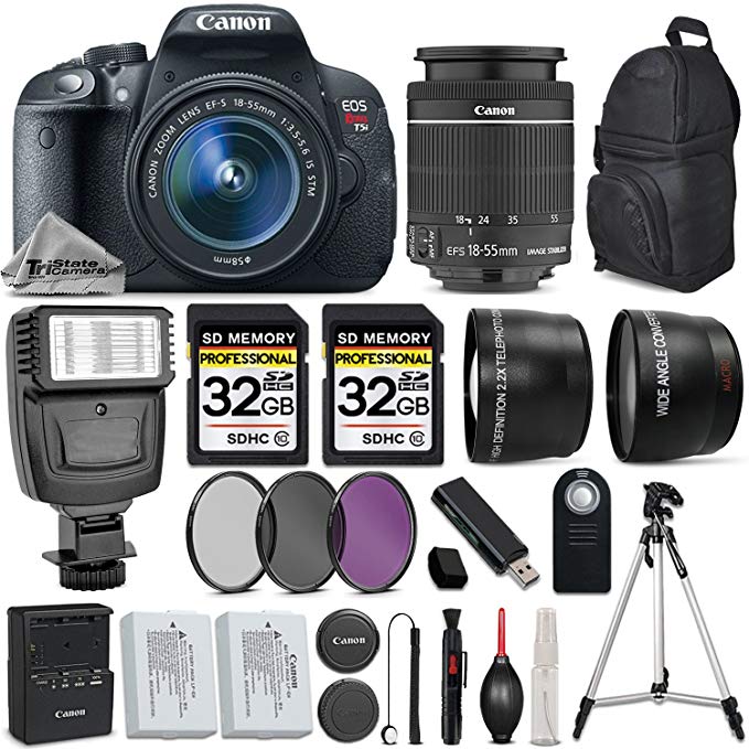 Canon EOS Rebel T5i DSLR Camera Full HD 1080p + Canon18-55mm IS STM Lens + .43x Wide Angle Lens + 2.2X Telephoto Lens + 3PC Filter Kit (UV-CPL-FLD) + 64GB Storage + Flash - International Version