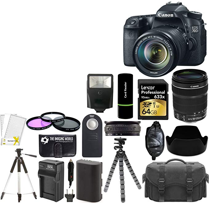 Canon EOS 70D 20.2MP Digital SLR Camera with Dual Pixel CMOS AF and EF-S 18-135mm F3.5-5.6 IS STM Lens Kit + Lexar 64 GB Card and Reader + Case + Tripod + Flash + Spare Battery + Digital Camera Accessories Bundle