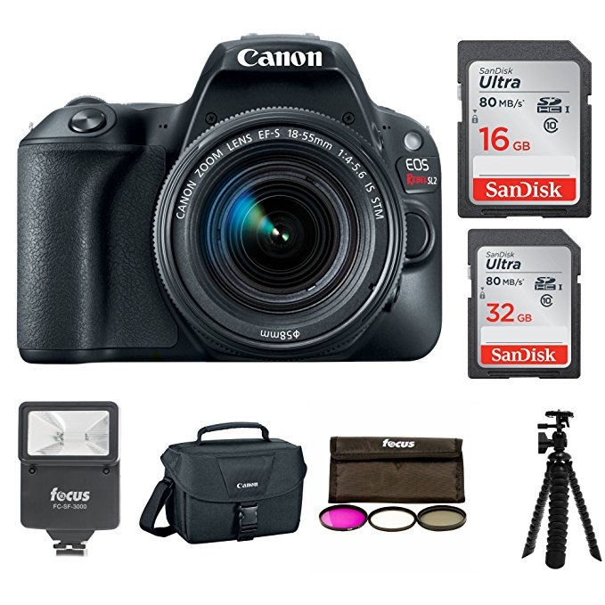 Canon EOS Rebel SL2 SLR Camera w/ 18-55mm f/4 STM Lens + Canon DSLR Bag, 48GB, Filter Kit, Flash & Bundle