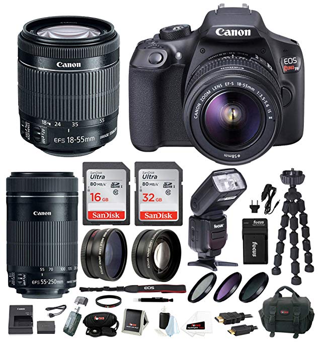 Canon EOS Rebel T6 Digital Camera: 18 Megapixel 1080p HD Video DSLR Bundle with 18-55mm & 55-250mm Lens 48GB SD Card TTL Flash Tripod Bag & Charger - Professional Vlogging Sports & Action Cameras