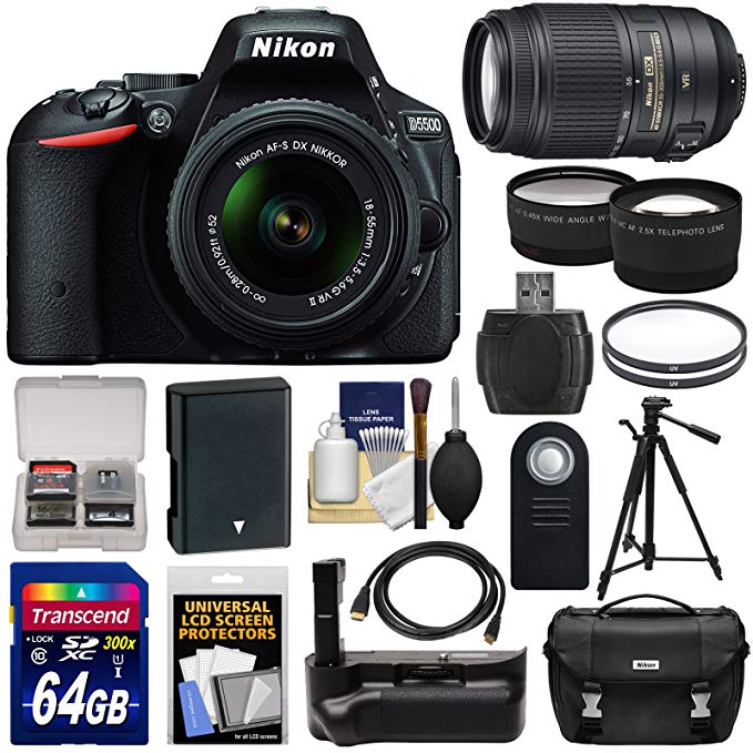 Nikon D5500 Wi-Fi Digital SLR Camera & 18-55mm G VR DX II (Black) & 55-300mm VR Lens + 64GB Card + Battery + Grip + Case + Tripod + Tele/Wide Lens Kit