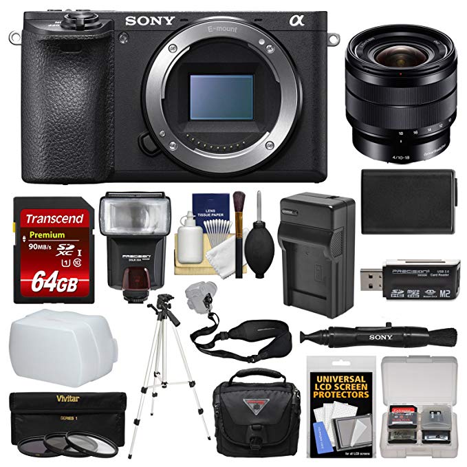 Sony Alpha A6500 4K Wi-Fi Digital Camera Body with 10-18mm f/4.0 Lens + 64GB Card + Case + Flash + Battery & Charger + Tripod + Kit