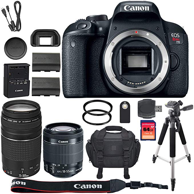 Canon EOS Rebel T7i DSLR Camera + 64GB SDXC Memory Card + Canon 18-55mm IS STM Lens + Canon 75-300mm III Lens + 64GB SDXC Memory Card + BackPack + Accessory Kit - International Version