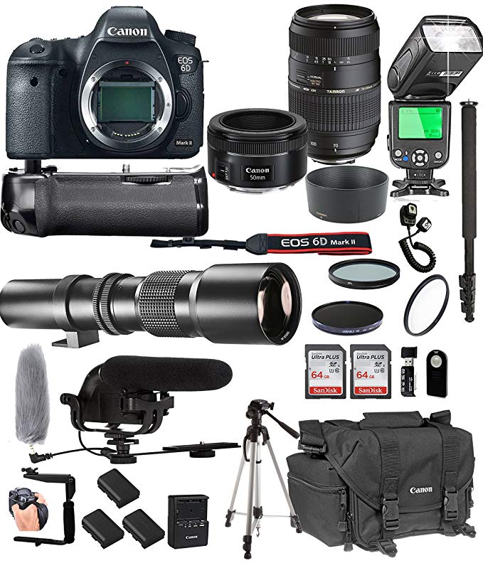 Canon EOS 6D Mark II 50mm f/1.8 STM Prime + Tamron 70-300mm f/4-5.6 Di LD + 500mm Telephoto + 128GB Memory + Pro Battery Bundle + Power Grip + TTL Speed Light + Pro Filters,(25pc Bundle)