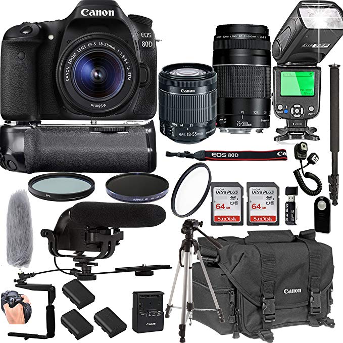 Canon EOS 80D with 18-55mm is STM + 75-300mm III + 128GB Memory + Canon Deluxe Camera Bag + Pro Battery Bundle + Power Grip + Microphone + TTL Speed Light + Pro Filters,(24pc Bundle)