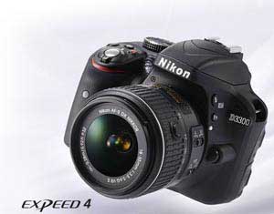 Product photo of the Nikon D3300 D-SLR inset with EXPEED 4 logo