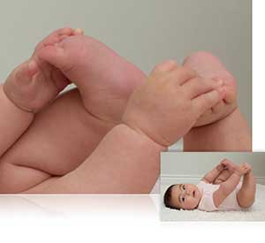 Nikon D3300 photo of a baby's hands and feet inset with the wide shot of the entire baby