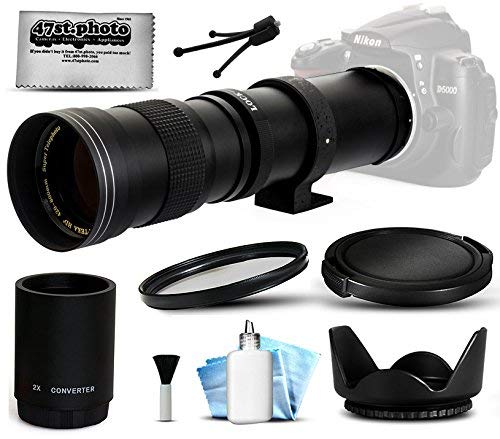 Opteka 420-1600mm f/8.3 HD Telephoto Zoom Lens Bundle Package includes 2X Teleconverter + UV Ultra Violet Filter + Snap On Lens Cap + Tulip Hood + Cap Keeper + Lens Cleaning Kit for Canon EOS 5D Mark II III 2 3 5DM2 5DM3, 1D Mark 3 4 III IV 1Dx 1D X, Rebel SL1, T2i, T3, T3i, T4i, T5, T5i, 6D, 7D, 60D, 60Da, 70D, 100D, 550D, 600D, 650D, 700D, 1100D, 1200D, Kiss X4, X5, X6i, X7i, X50, X70 DSLR SLR Digital Camera