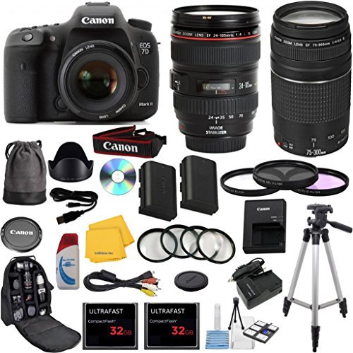 Canon EOS 7D Mark II Digital SLR Camera with EF 24-105mm f/4 L IS USM Lens Celltime Exclusive Bundle with EF 75-300mm f/4-5.6 III Telephoto Zoom Lens + High-Capacity Battery + 3pc Filter Glass Kit + 4pc Macro Lens Kit + 2pcs 32GB Memory Cards + 16pc Accessory Kit