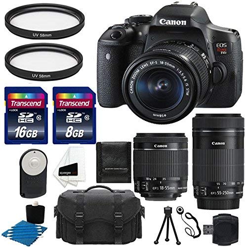 Canon EOS Rebel T6i 24.2 MP EF-S Digital SLR Camera with Canon EF-S 18-55mm f/3.5-5.6 STM Zoom Lens + Canon EF-S 55-250mm f/4-5.6 IS STM Lens + Case + UV Filter + 24GB Complete Deluxe Accessory Bundle