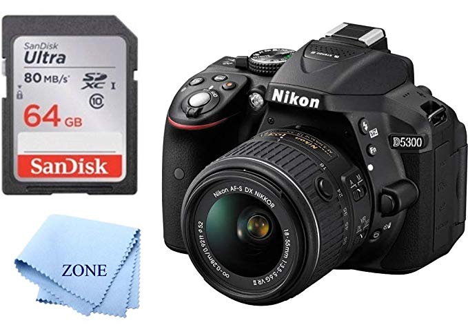 Nikon D5300 1522 Black 24.2 MP Digital SLR Camera with 18-55mm Lens +64GB SD Memory Card