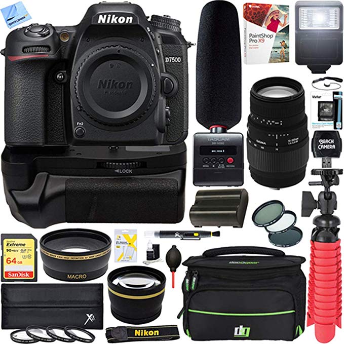 Nikon D7500 20.9MP DX-Format Digital SLR Camera + Sigma 70-300mm Macro Telephoto Lens Tascam Video Creator Bundle