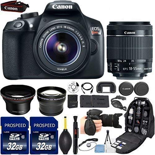 Canon EOS Rebel T6 18MP DSLR Camera with 18-55mm IS II Lens, Kit Includes, 58mm HD Wide Angle Lens, 2.2x Telephoto Lens, 2Pcs 32GB Commander Card, Extra Battery, Backpack Case