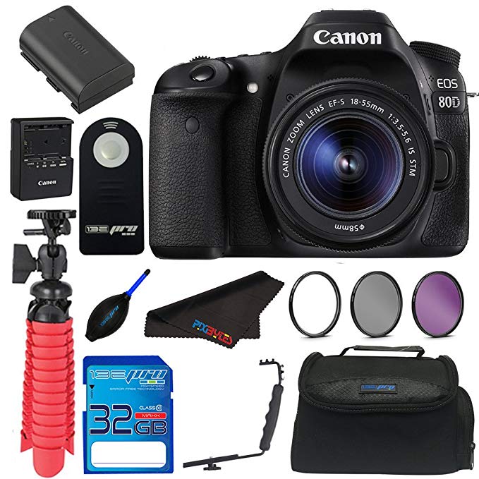Canon EOS 80D Digital SLR Kit with EF-S 18-55mm Lens (Black) + Elements Accessory Bundle