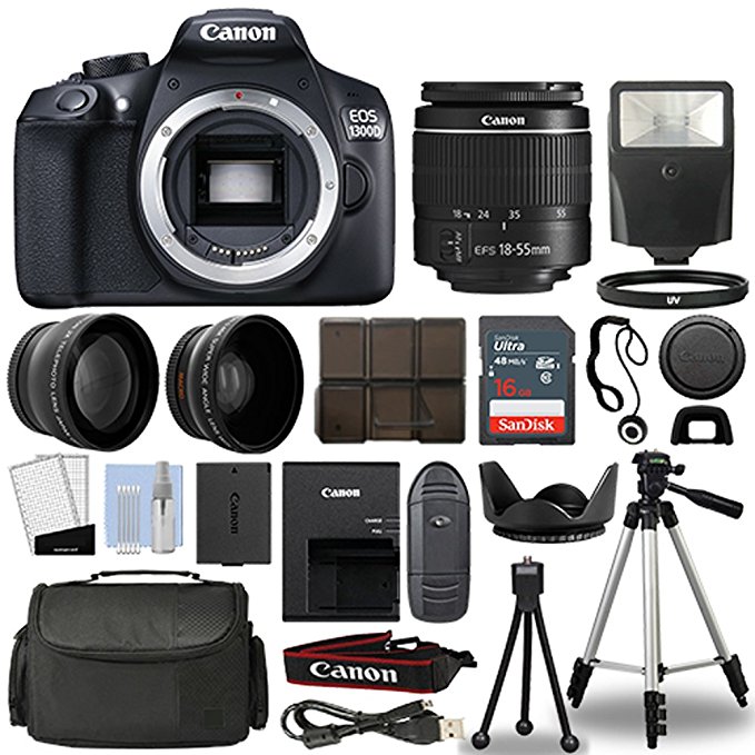 Canon 1300D/Rebel T6 DSLR Camera + 18-55mm 3 Lens Kit + 16GB Top Value Bundle - 2x Telephoto Lens + Wide Angle Lens + 3 Piece Filter Kit + Tripod + Lens Hood + Flash + More! - International Version